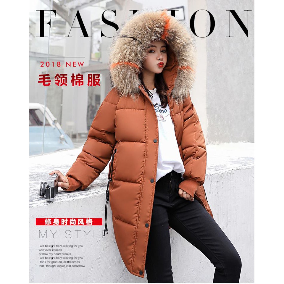 Áo phao nữ dáng dài mũ lông thời trang