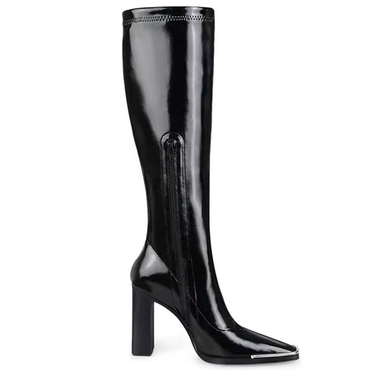 SẴN Giày boots cao gót nữ gầy nhưng đến đầu gối mùa thu mới  sáng chế da cao gót mũi vuông giữa ống mỏng