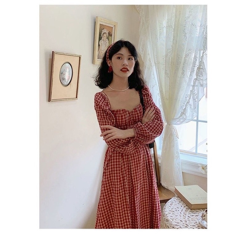 Đầm tay dài họa tiết sọc caro phong cách cổ điển kiểu dáng mới