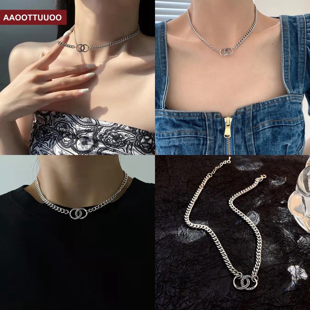 Vòng cổ Choker Hai Lớp Mặt Nhẫn Đôi Phong Cách Hip Hop Sang Trọng Dành Cho Bạn Nữ