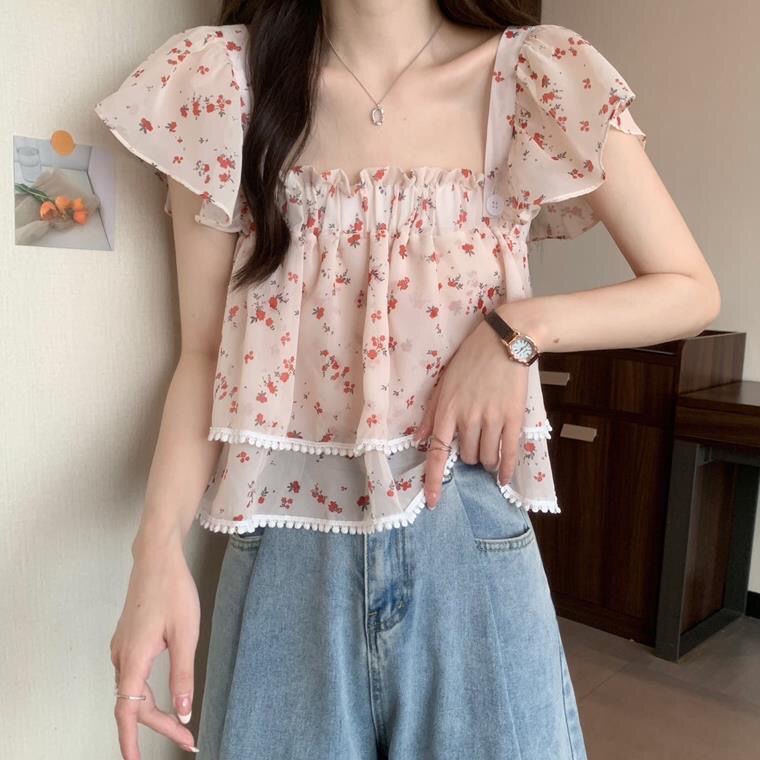 Áo Sơ Mi Tay Ngắn Cổ Vuông In Họa Tiết Hoa Phong Cách Phương Tây Thời Trang Mùa Hè 2022 Mới