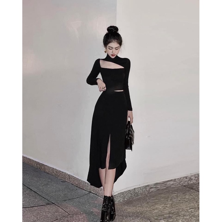 SET ÁO KHOÉT NGỰC TAY DÀI + CHÂN VÁY ĐEN