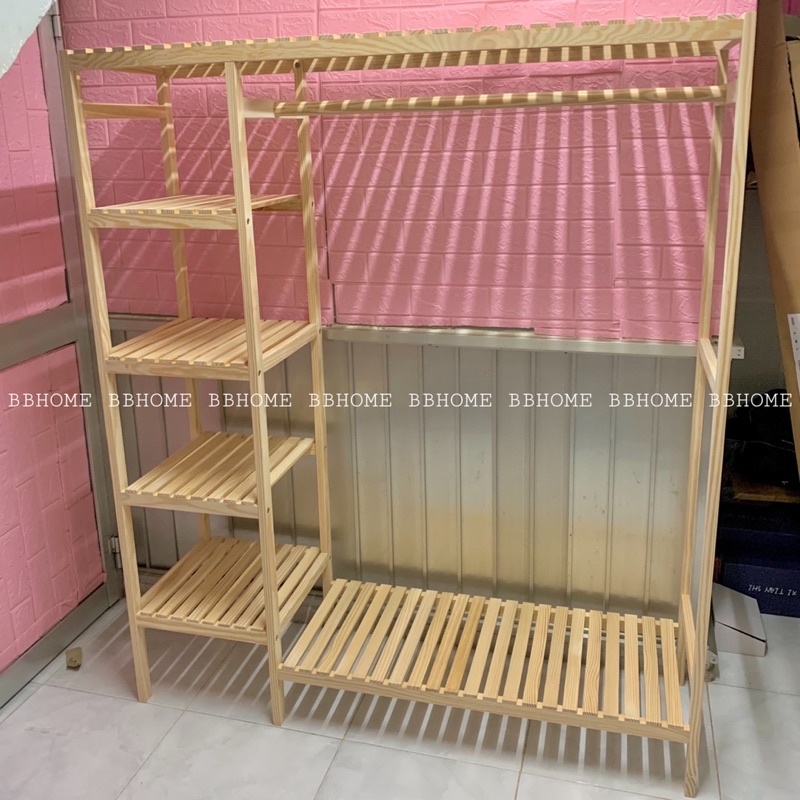 Tủ kệ treo quần áo 2 ngăn size lớn - Gỗ thông Mỹ