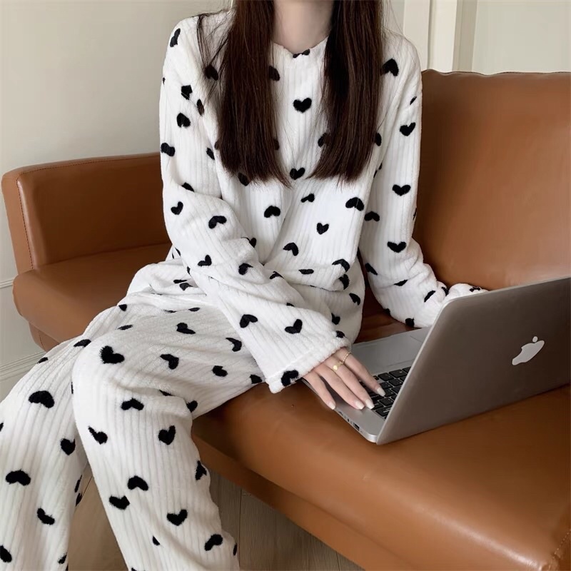 (Có Sẵn) Đồ Bộ Mặc Nhà Lông Mềm, Đồ Ngủ Bông Giữ Ấm Mùa Đông Hoạ Tiết Xinh