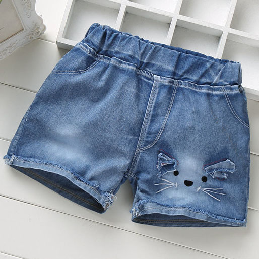 Quần Short Jeans Thêu Hình Mặt Mèo Dễ Thương Cho Bé Từ 3-15 Tuổi