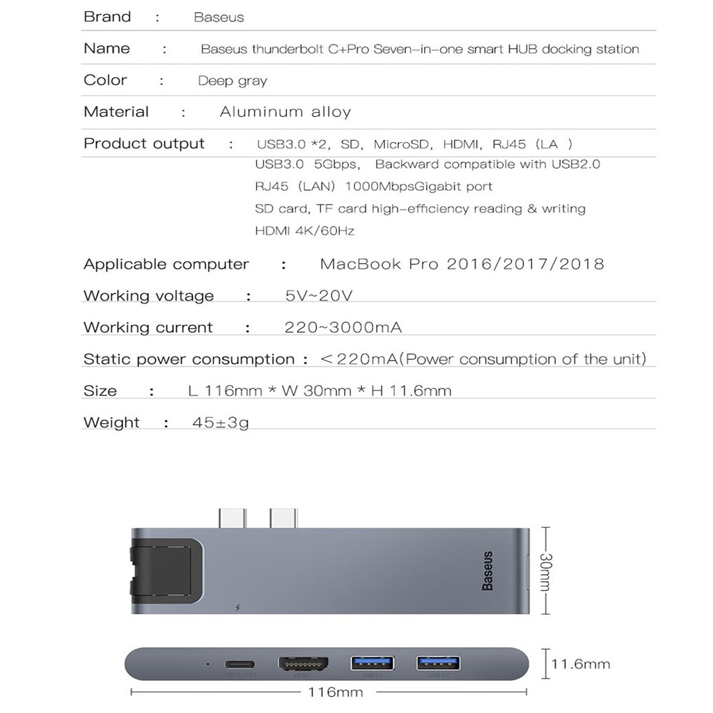 Hub chuyển Baseus Thunderbolt C Pro 7 in 1 Smart Hub cho Macbook Pro 2016/ 2017/ 2018