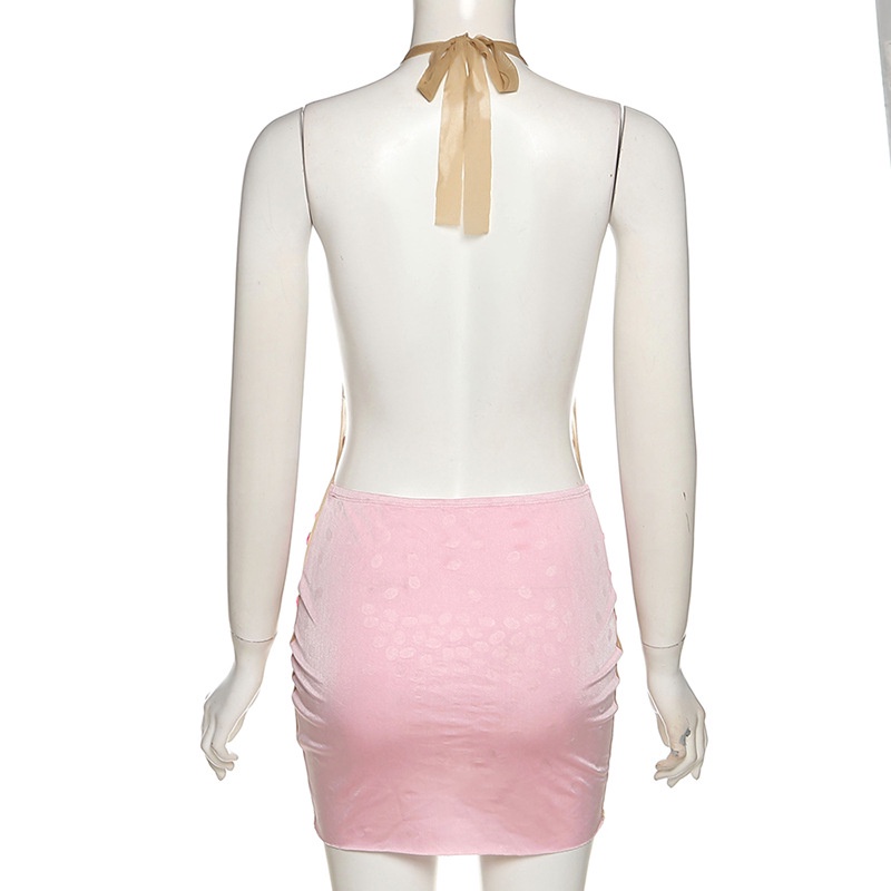 DUNEA Đầm Cổ Yếm Hở Lưng Phối Lưới Màu Sắc Tương Phản Quyến Rũ Cho Nữ