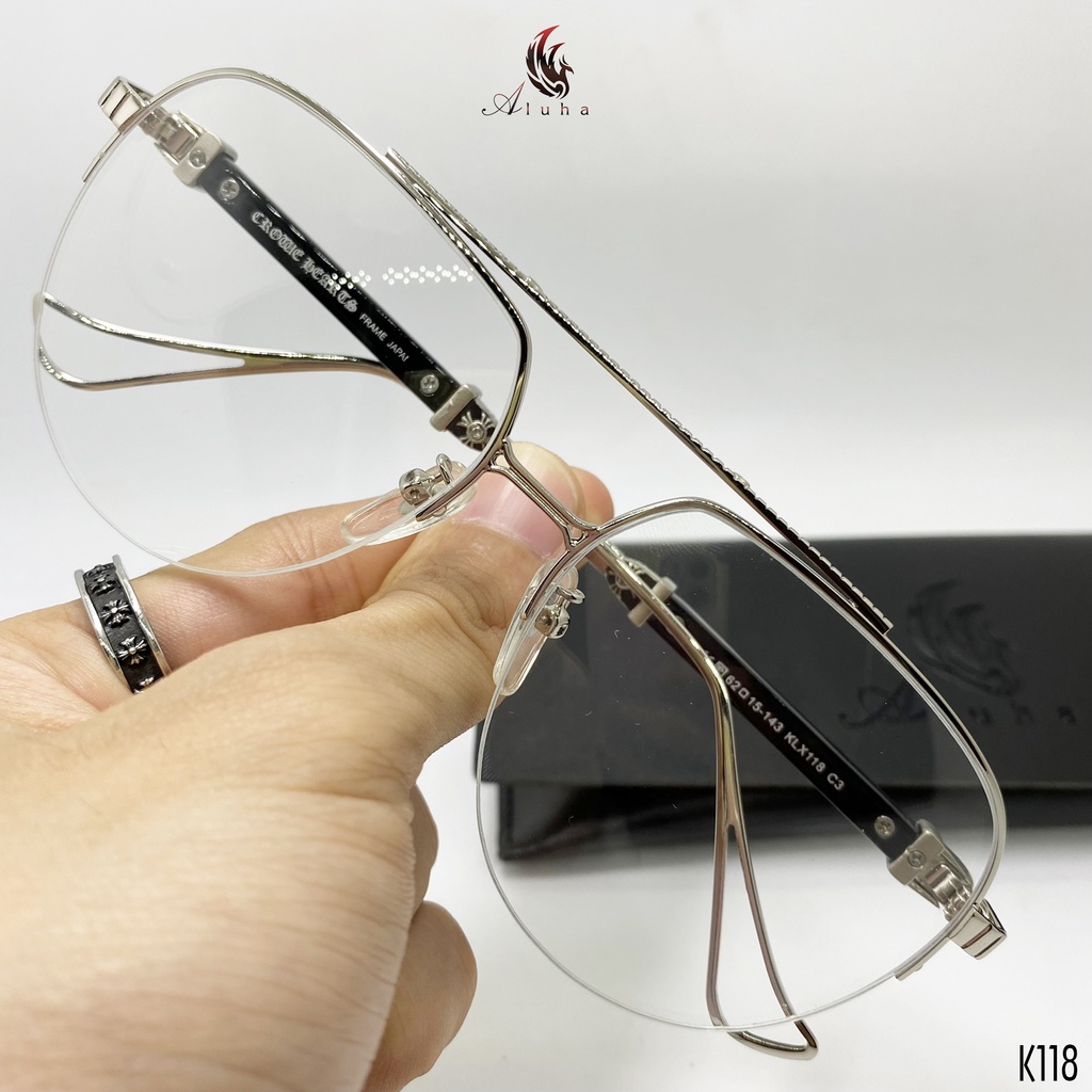 Gọng kính Chrome Heart tròng chống ánh sáng xanh kiểu dáng phi công nửa gọng - K118 - Aluha