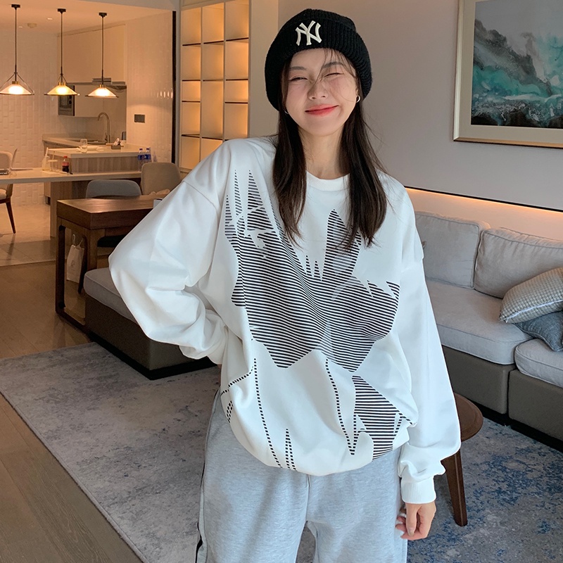SUXI Áo Sweater Thể Thao Tay Dài Dáng Rộng In Họa Tiết Trẻ Trung Phong Cách Hàn Quốc Hợp Thời Trang Cho Bạn Gái
