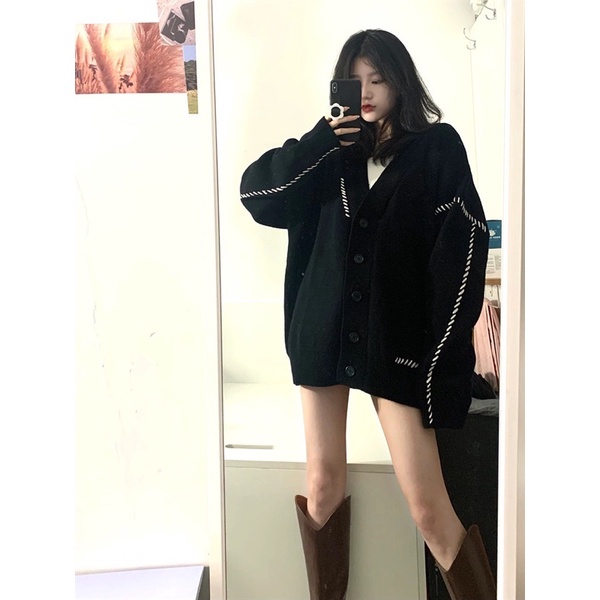 Áo Cardigan len hoạ tiết chỉ trắng