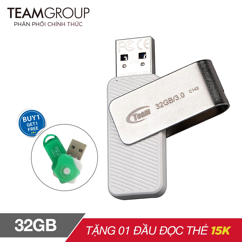 USB 3.0 Team Group INC C143 32GB tốc độ cao (Trắng) tặng đầu đọc thẻ nhớ micro - Hãng phân phối chính thức