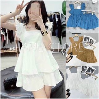 Bộ đồ nữ áo cổ vuông 2 dây bản to babydoll HSE025,set bộ cánh tiên quần ống rộng cạp cao