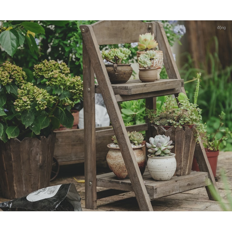Kệ gỗ trồng cây 2 tầng phong cách Vintage