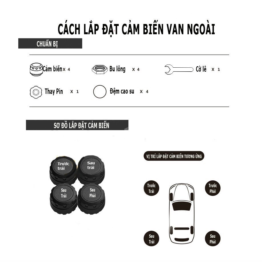 Cảm biến áp suất lốp van gắn ngoài TPMS 2021 màn hình LED bản quốc tế pin NL mặt trời chống nước [Freeship]