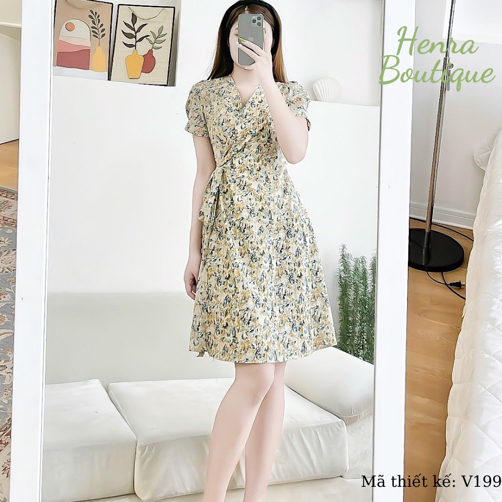Đầm hoa nhí V199 Henra, kiểu dáng midi, thanh lịch, tôn dáng, tôn da