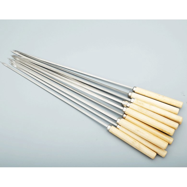 Bộ 10 xiên inox chuôi gỗ kháng khuẩn nướng thịt BBQ an toàn, tiện dụng, chống rỉ sét dày 2.8mm chắc chắn, dày dặn