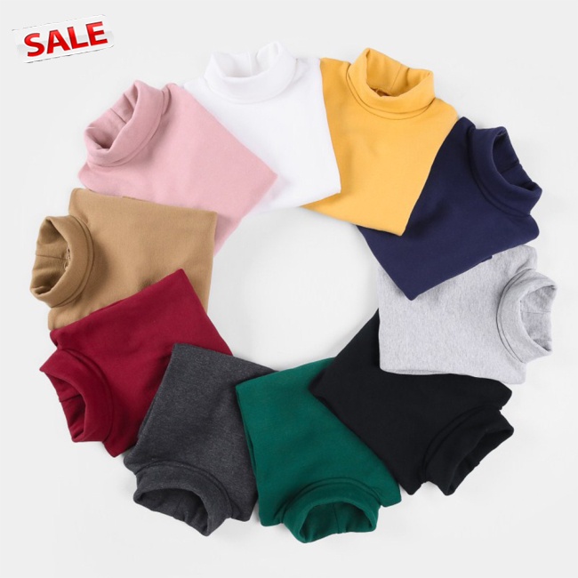 Áo thun cotton tay dài cổ cao màu trơn dễ thương cho bé gái