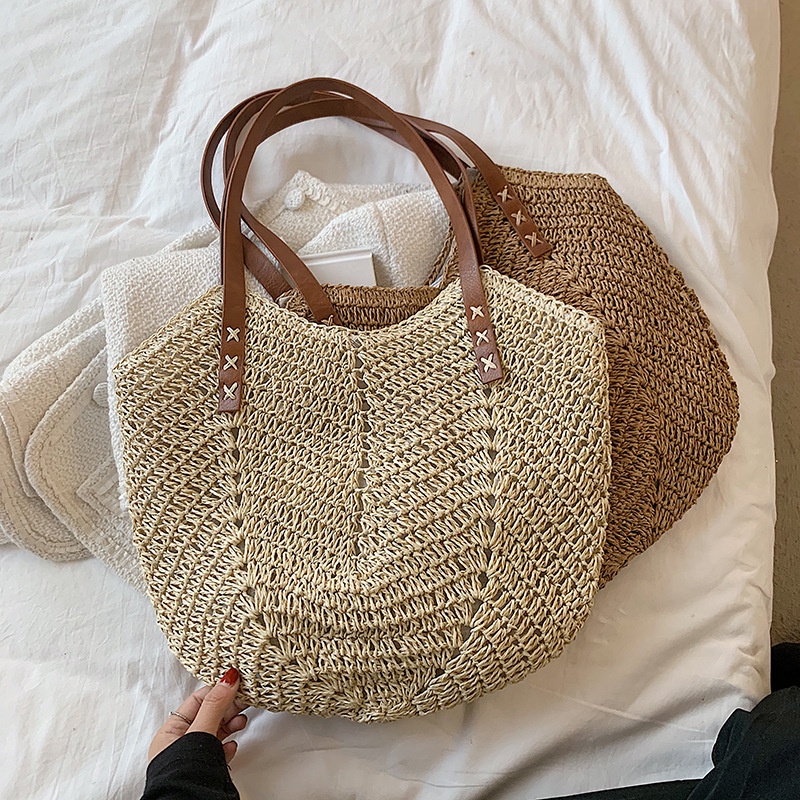 Túi cói Tote hình trái tim - dây da đeo vai - phong cách Vintage (mẫu mới)