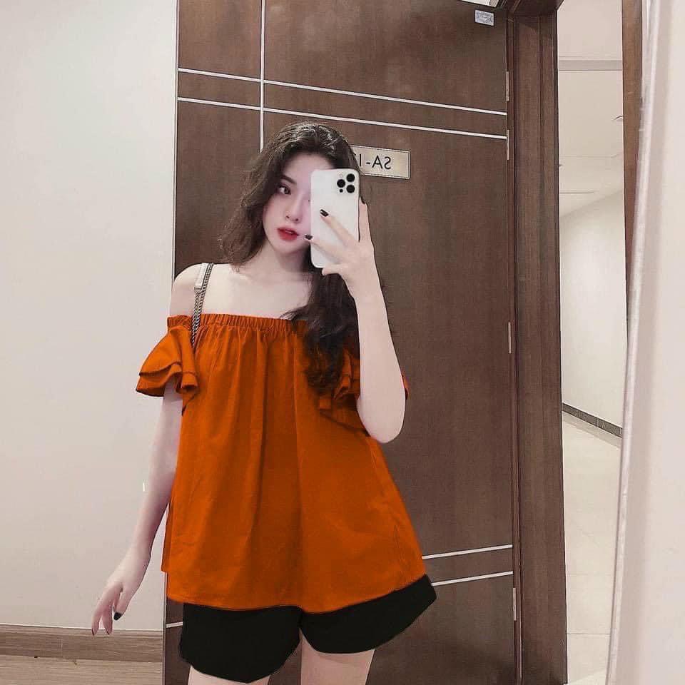 Set Áo Trễ Vai 🍓  𝑺𝑰𝑬̂𝑼 𝑿𝑰𝑵𝑯 🍓  Hai Màu Tím Hồng, Cam Đất Kết Hợp Quần Sóoc Phồng Trắng Cho Nữ A2 | BigBuy360 - bigbuy360.vn