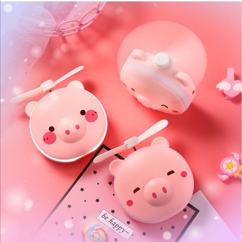 Quạt mini cầm tay hình heo 3in1, đèn led - gương - quạt