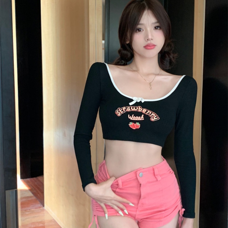 Áo Thun Cổ Chữ U Họa Tiết Dâu Tây Thời Trang Mùa Thu Cho Nữ