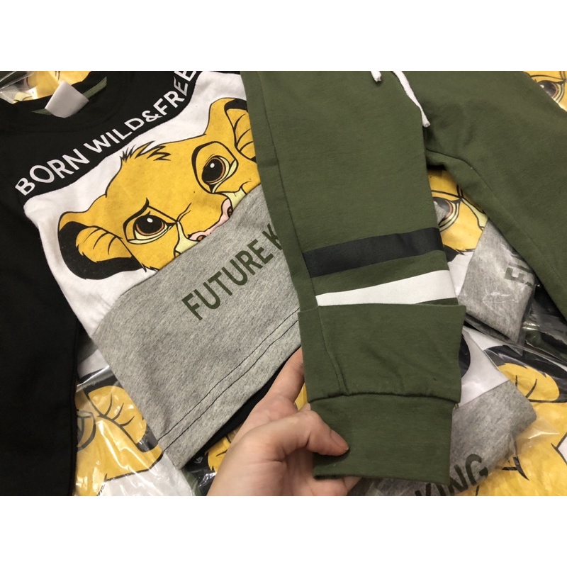 Bộ cotton bé trai dài tay Lion đen rêu