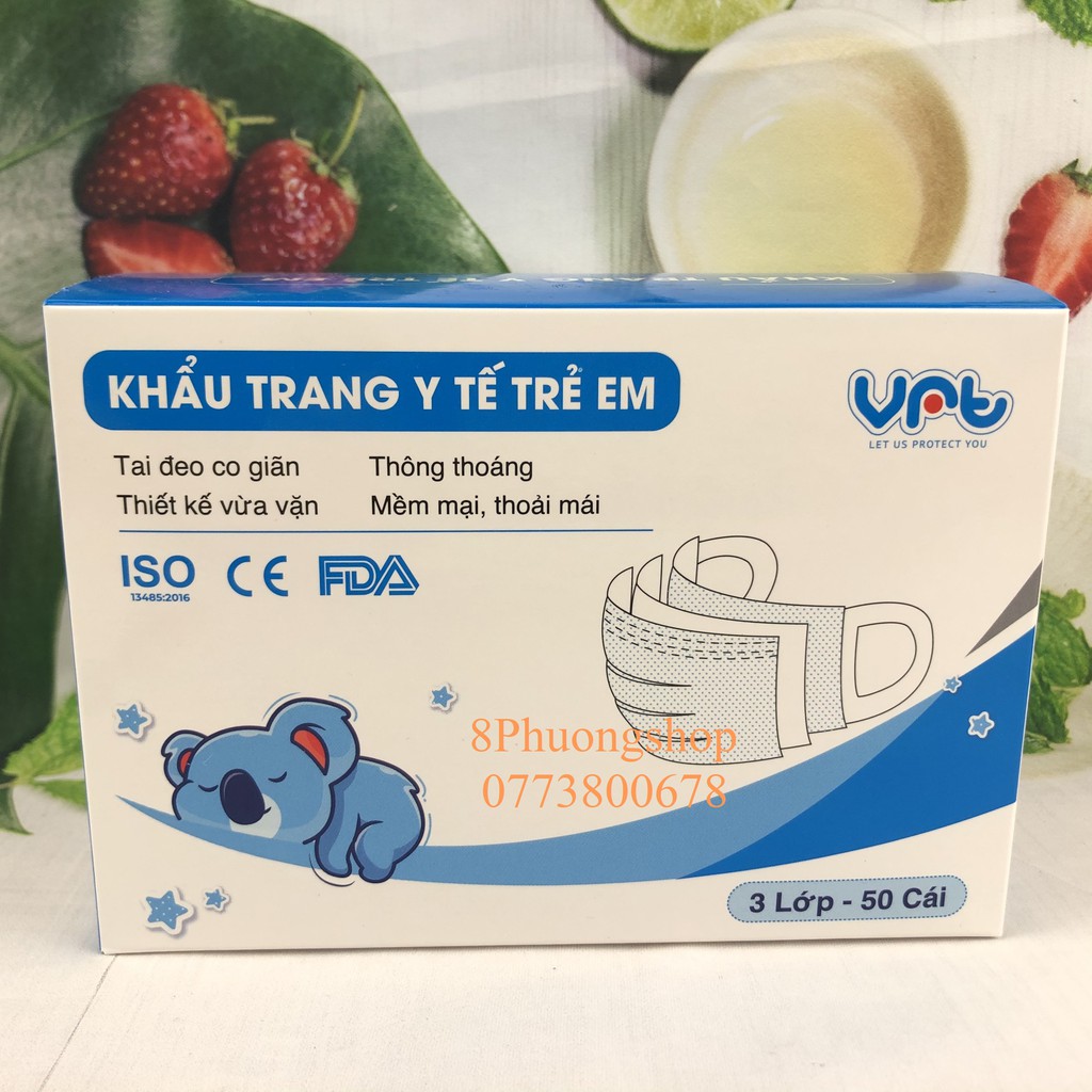 Khẩu trang y tế cho bé 6 – 13 tuổi màu Xanh/ in hình ngộ nghĩnh - Khẩu trang 3 lớp kháng khuẩn cho bé 50 cái/ hộp