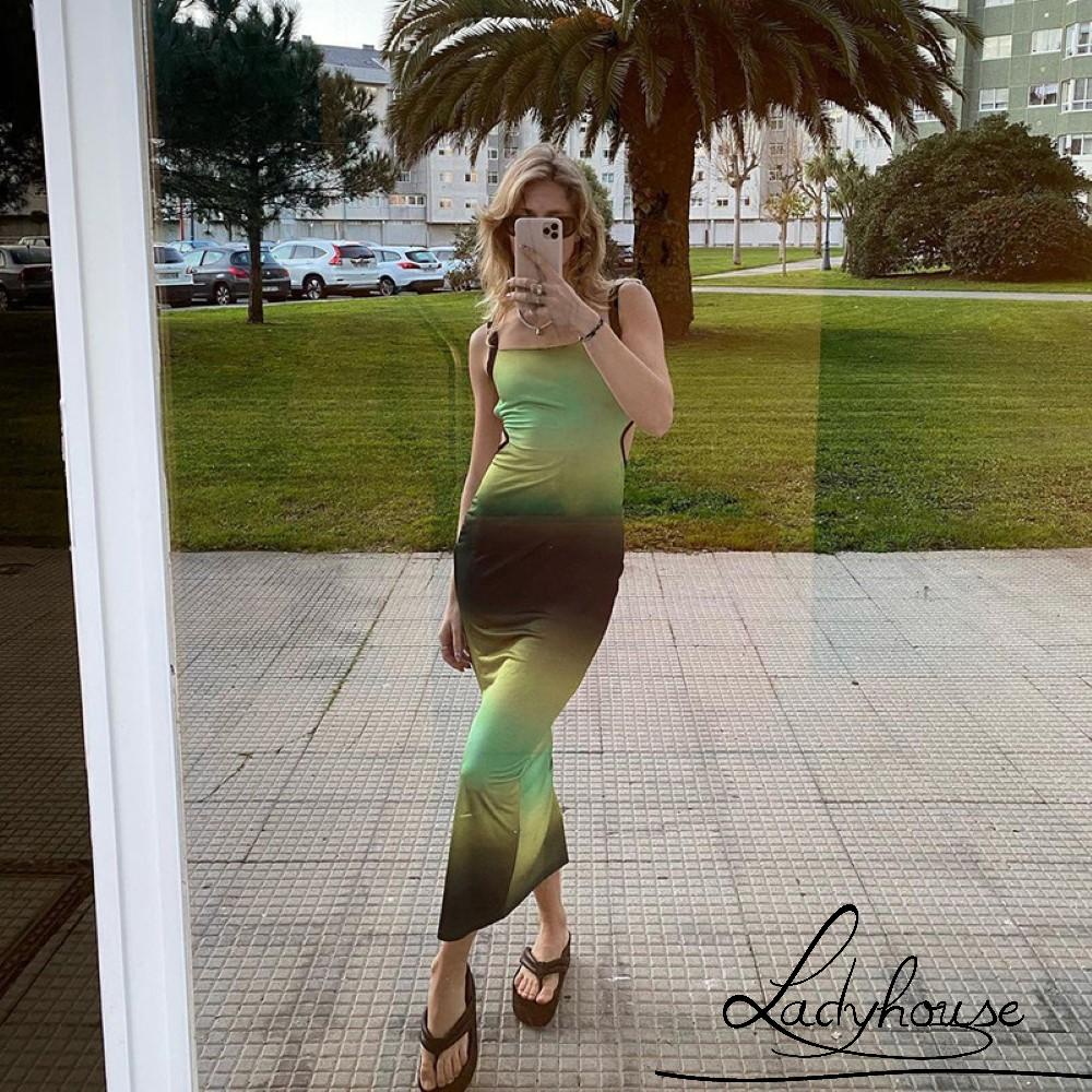 Đầm Midi Không Tay Hai Dây Chéo Lưng Màu Gradient Dành Cho Nữ