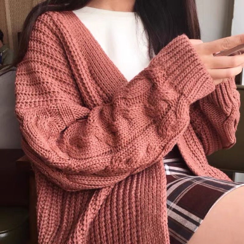 Áo len dày dặn họa tiết xoắn áo, áo khoác Cardigan dệt kim phong cách rộng rãi