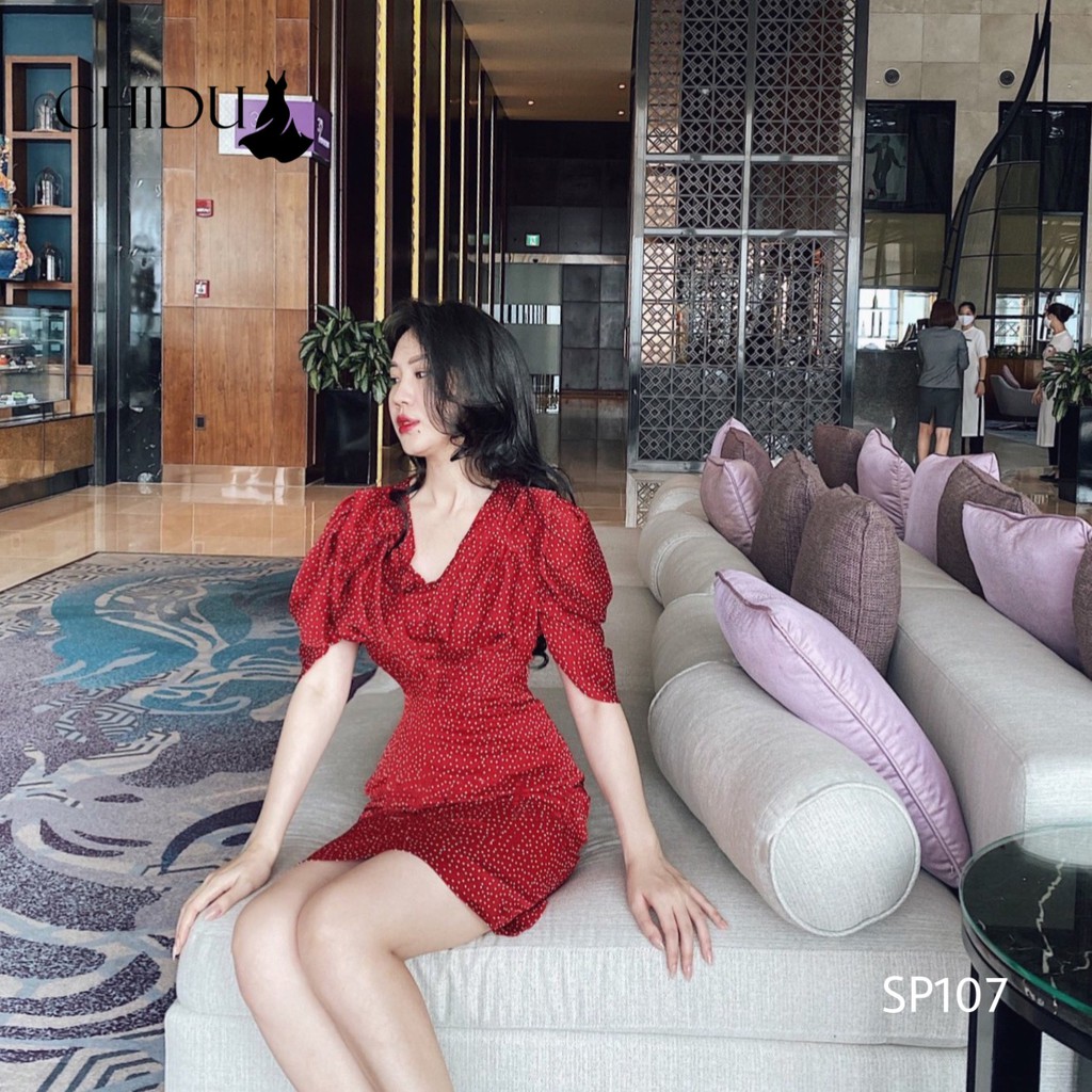 CHIDU Đầm công sở tay bồng hoạ tiết chấm bi SP107 | BigBuy360 - bigbuy360.vn