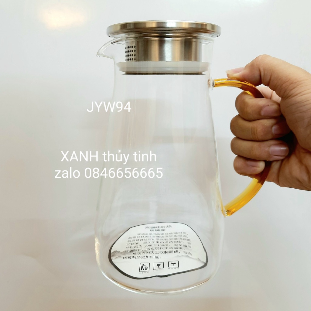 Bình thủy tinh quai vàng, nắp inox 1500ml - Mã JYW94