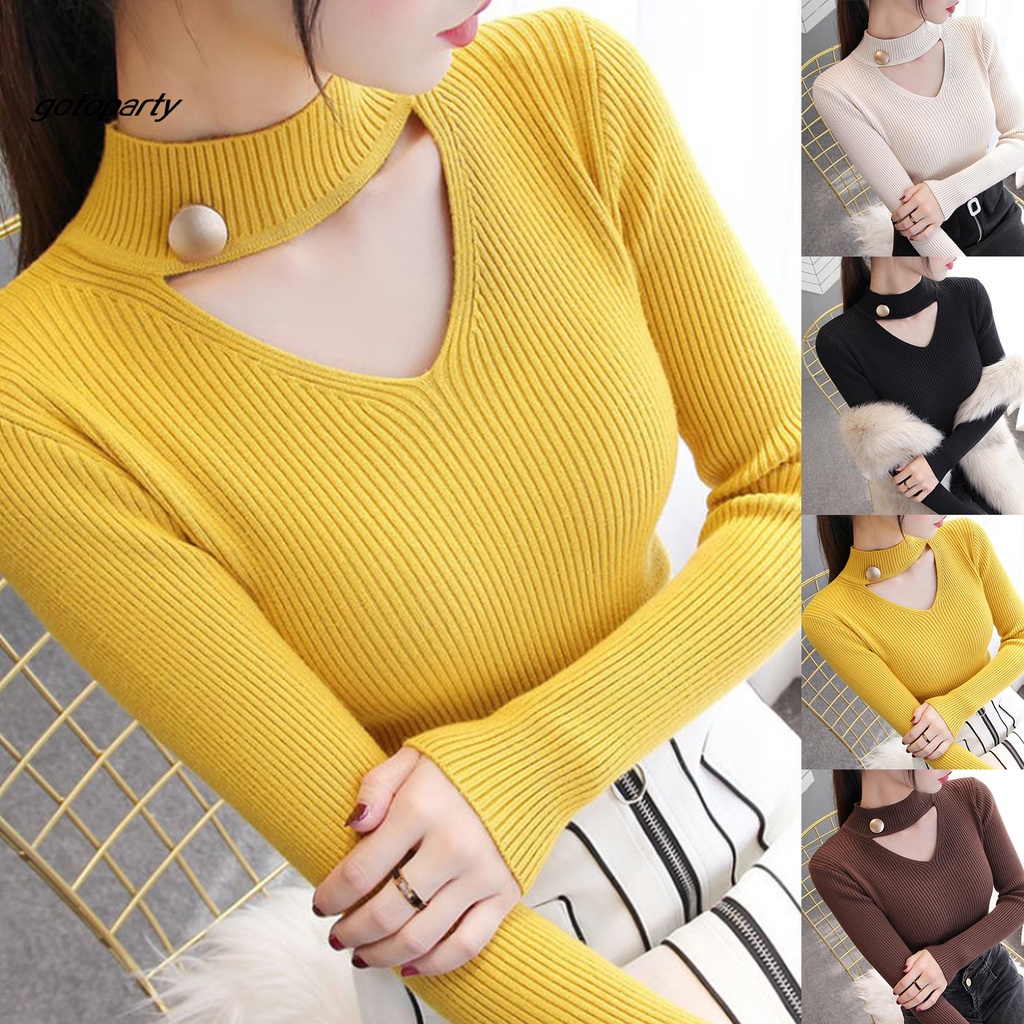 Áo dệt kim tay dài dáng ôm cài nút phối vòng cổ choker thời trang cho nữ | BigBuy360 - bigbuy360.vn