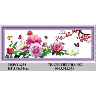 tranh thêu chữ thập hoa phù dung phú quý man đường kt 148x54cm