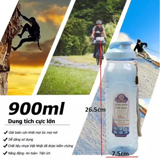 Bình Đựng Nước Nhựa Thể Thao Trong Suốt 900ml Có Dây Đeo An Toàn Trong Suốt