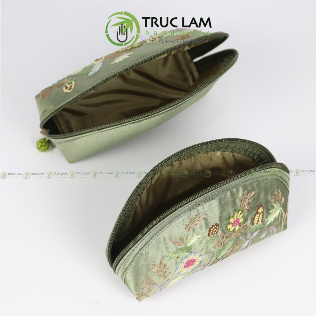 Ví Cầm Tay Nữ Ví Sò Vải Tafta Họa Tiết Hoa Cỏ Thêu Tay 2 Mặt Set 2 Chiếc - Trúc Lâm Handmade