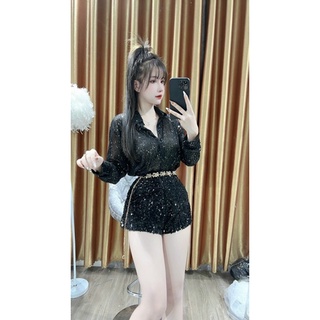 Áo sơ mi kim sa óng ánh mix quần kim sa