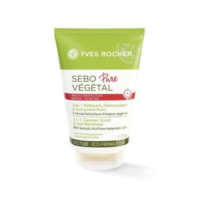 Sữa rửa mặt 3 trong 1 Làm Sạch, Loại Bỏ Tế Bào Chết Và Giảm mụn đầu đen sebo pure yves rocher 125ml