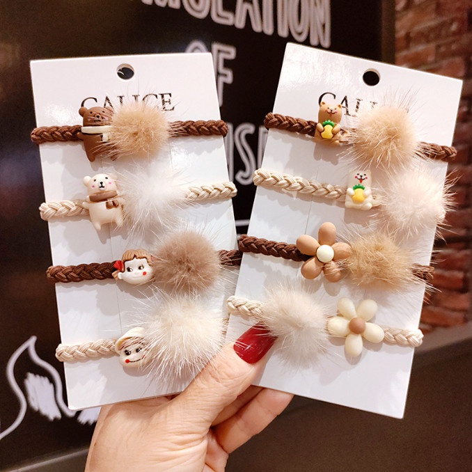 Set 4 dây chun buộc tóc xương cá mix quả bông hoạt hình siêu dễ thương BAG U CHUNQUABONG097