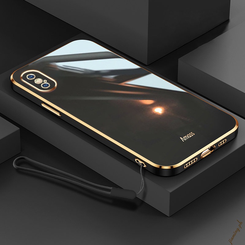 Ốp Điện Thoại Silicon Mềm Viền Thẳng 6D Chất Lượng Cao Có Dây Đeo Cho iPhone X Xr Xs Xs Max Sự Bảo Vệ