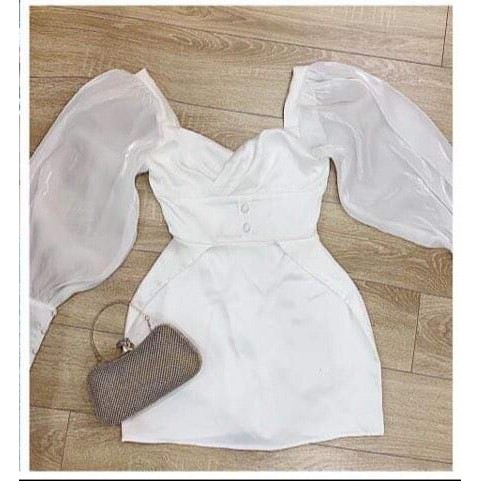 Đầm ôm thiết kế cổ chéo thời trang phối tay voan ( có mút ) | BigBuy360 - bigbuy360.vn