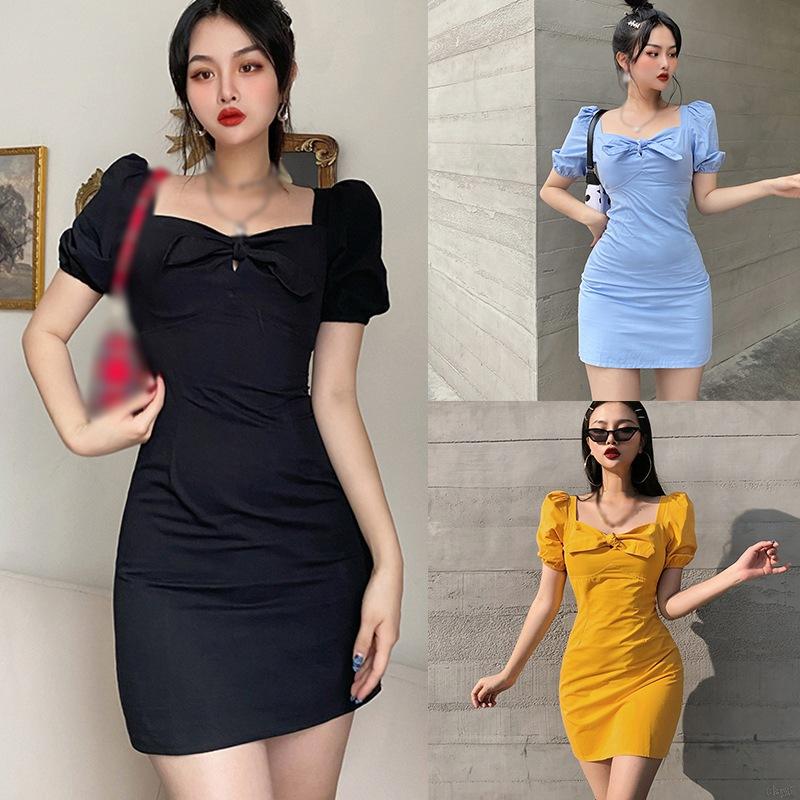 Shinee Korean Fashion Women's Dress Retro Bubble Sleeve Bow Sexy Self-cultivation Thin Dresses