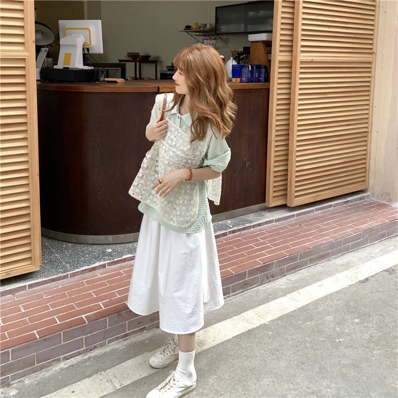 Set Áo Sơ Mi Tay Phồng Kẻ Sọc Caro Thời Trang Mùa Hè Mới Cho Nữ