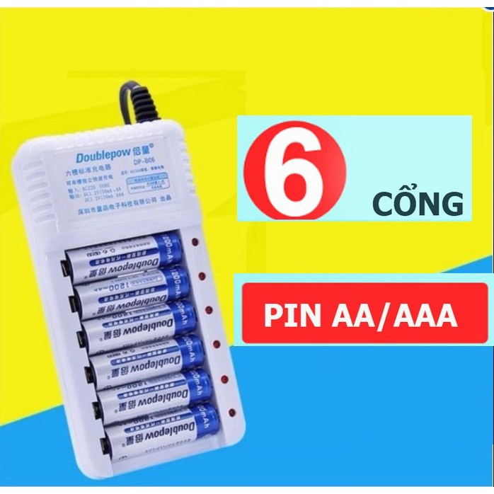 Combo Sạc pin 6 cổng, sạc AA, AAA DP-B06 - DoublePow + tặng kèm pin AA, AAA cùng hãng (tùy chọn loại pin)