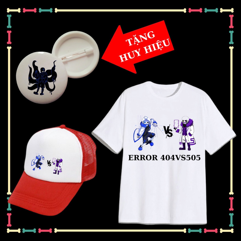 Áo phông bé trai, bé gái Error 505vsError 404 siêu ngầu kèm mũ lưỡi trai trẻ em, kèm huy hiệu.