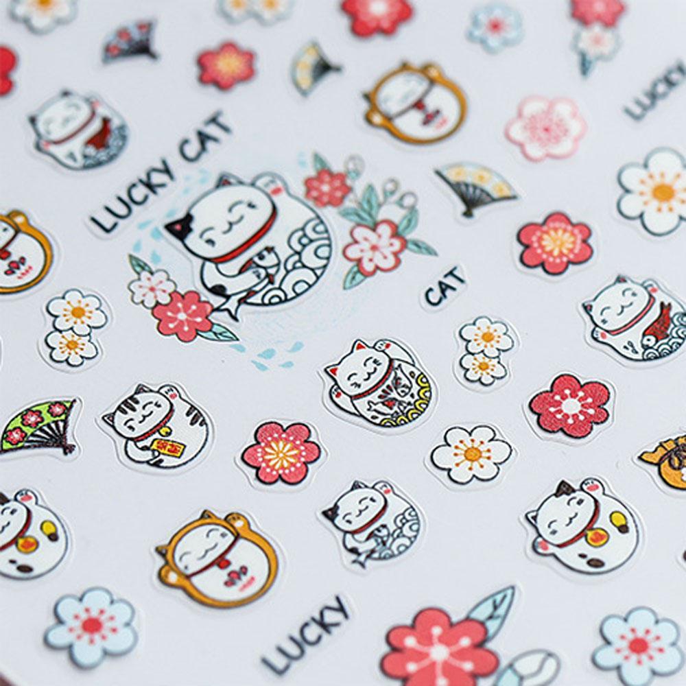 Miếng Dán Trang Trí Móng Tay Tự Dính Họa Tiết Mèo May Mắn 5D Dễ Thương