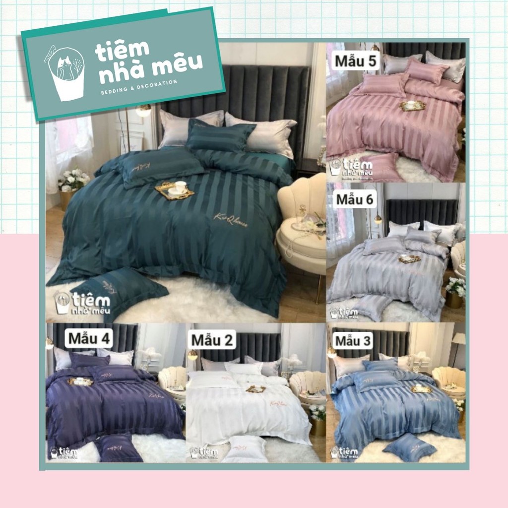 Bộ Chăn Ga Gối Lụa Sateen✨ m6/m8/2m -Full size Tiệm Nhà Mêu✨Set 4 Món: 2 Vỏ gối ,drap ,vỏ chăn Lụa KQ Sọc Kẻ