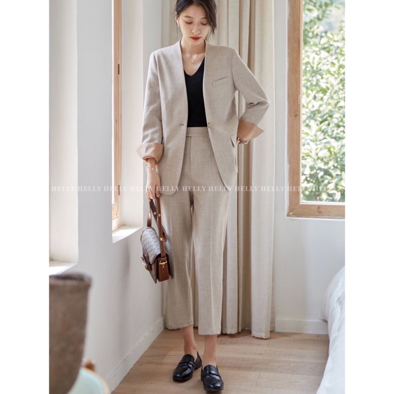 SET BLAZER KHÔNG CỔ QUẦN BAGGY NỮ | HELLY SHOP