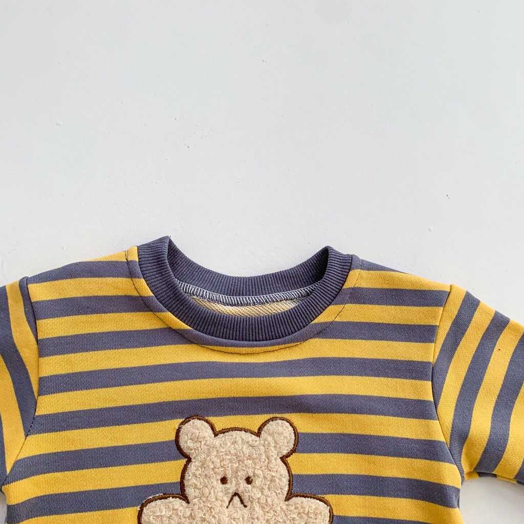 Áo liền quần dài tay kẻ sọc ngang họa tiết gấu hoạt hình dễ thương cho trẻ sơ sinh