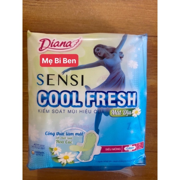 Băng Vệ Sinh Diana Sensi Cool Fresh Hoa Cúc Mát Dịu Siêu Mỏng Cánh/Không gói 8 miếng mặt bông - Chính Hãng