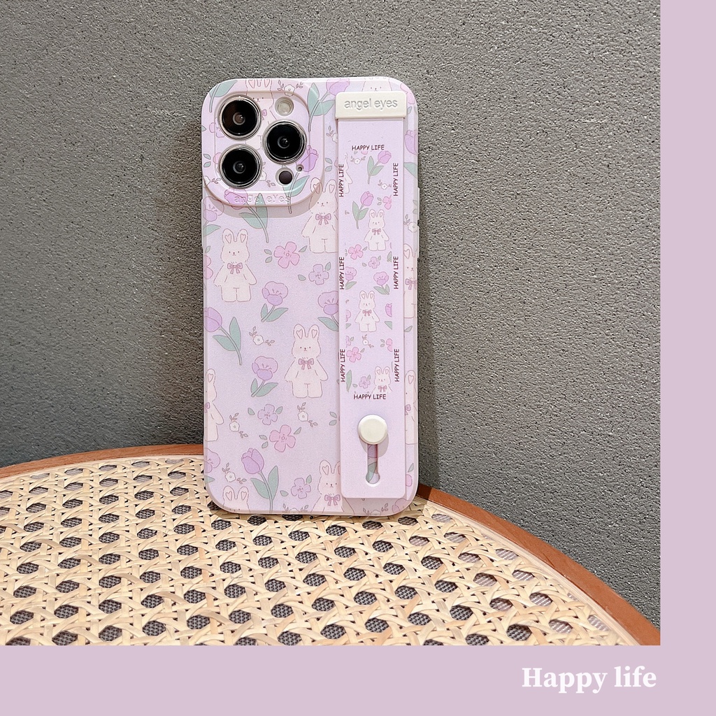 Cartoon 3D Wrist Band Lavender Flower Rabbit phone case for iPhone  14 14pro max 13 12PRO MAX 11pro max 7Plus X XS MAX Soft shell anti falling